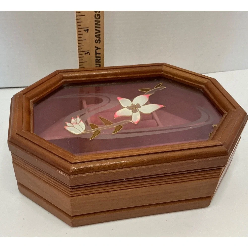 Vintage Wooden Jewelry Box Etched Glass Floral Lid Octagonal Brown